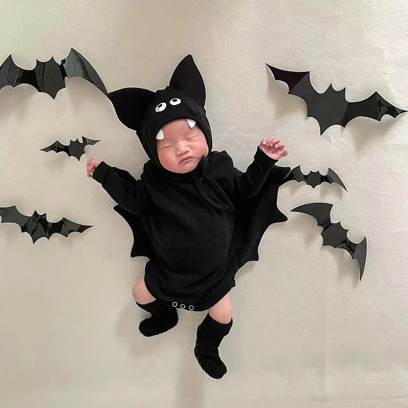 2025 New Baby Halloween Clothes Set Boys Girls Cute Bat Sleeve Bodysuit + Hat  Toddler Fashion Kids Halloween Party Clothing
