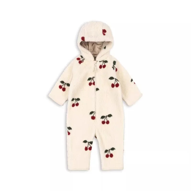 2025 Winter Long Sleeve Baby Fleece Hooded Jumpsuit Cherry Print Infant Warm Romper Crawling Outfit Newborn Clothes