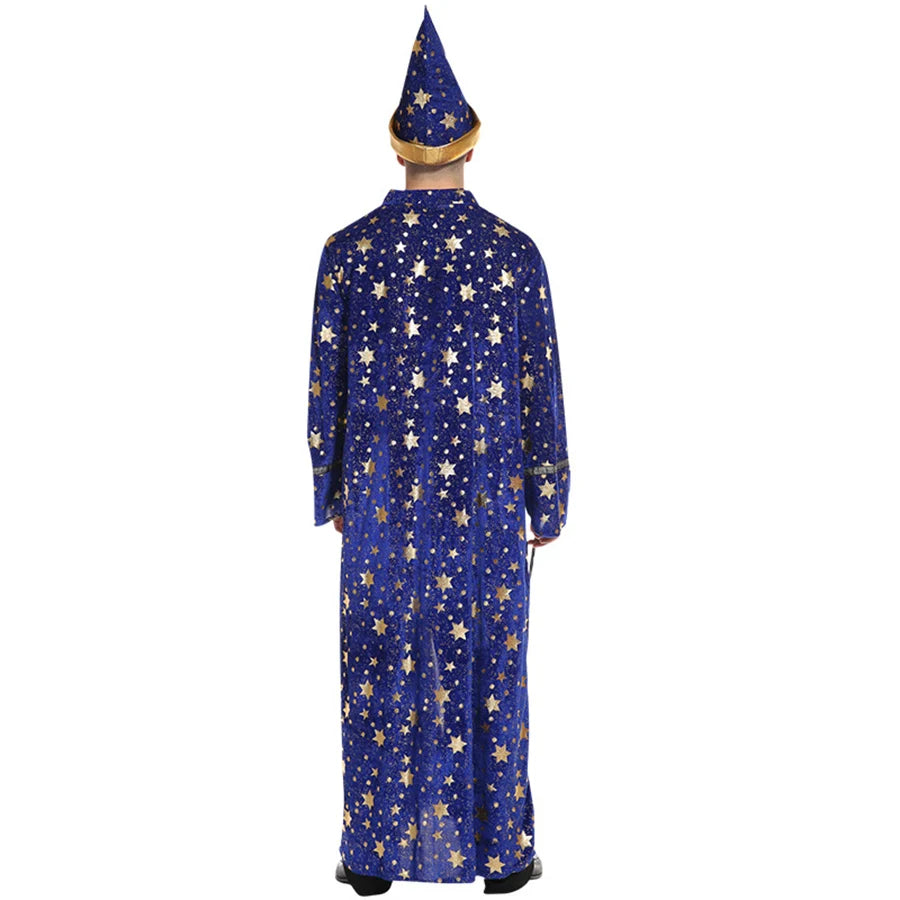 Halloween Wizard Set Includes Hat, Robe, Cloak, Magician Costume, Unisex Cloak, Vampire Costume, Blue Star and Moon Magic Magici