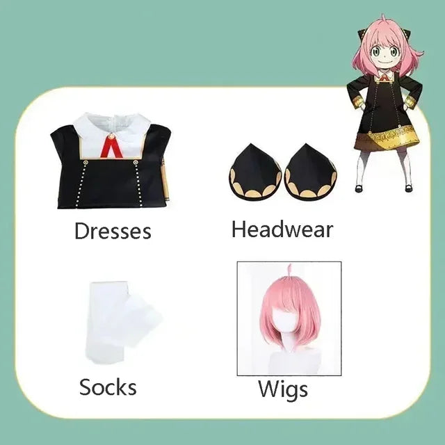 Halloween X Familie Anya Cosplay Costume Kids Adults Black Dress Kawaii Girls Women Dress Pink Wig Party Role Play Outfits