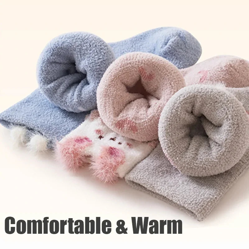 3/5 Pairs Cute Cartoon Newborn Girls Socks Winter Warm Mid Calf Toddler Socks Soft Thickened Socks for Infant Toddler Girls