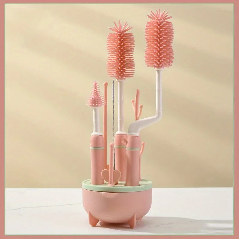 Portable 6 in 1 Baby Bottle Cleaner Set with Drying Rack, 2 Silicone Baby Bottle Brushes,Straw Brush, Nipple Brush & Storage Box