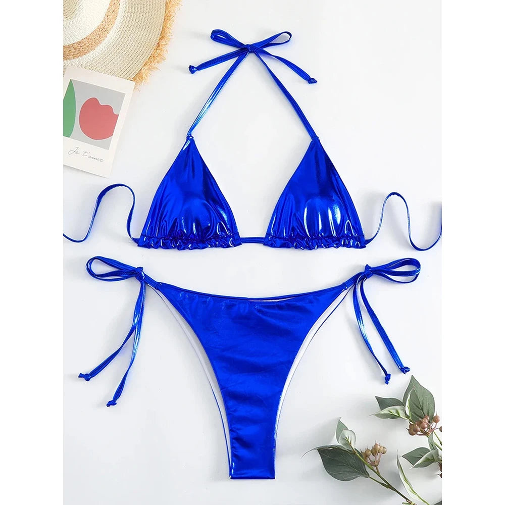 Sexy Metallic Halter Bikinis Sets Lace Up Triangle Tie Side Bikini 2026 Swimsuit Women Swimwear Brazilian Female Bathing Suits