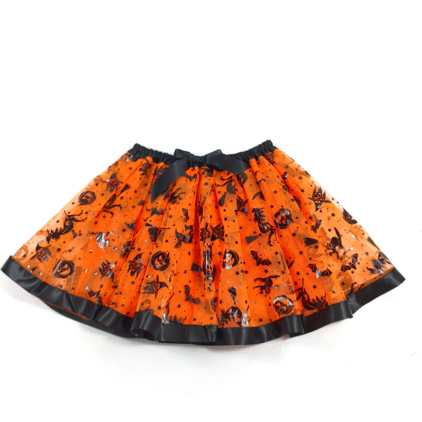 Halloween Adults Tulle Skirt Adorned with bats pumpkins stars this orange tulle skirt has a black bow waist  trim