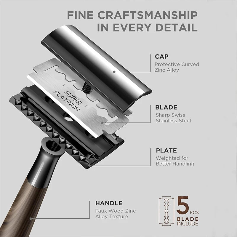 Advanced Double Edge Safety Razor Faux Wooden Handle Heavy Duty High Quality Men's Shaving Tools Including Gift Box With 5 Blade
