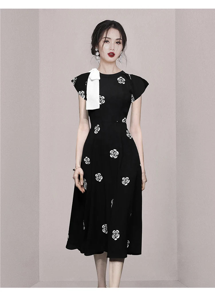 Designer Fashion New Summer Rose Flower Embroidery Office Dress Elegant Women O Neck Hit Color Bowknot Black Floral Midi Dresses