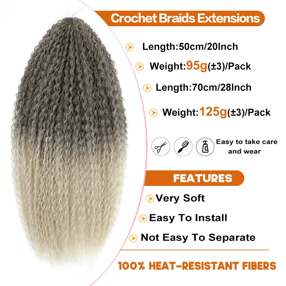 3-7Pcs Synthetic Brazilian Crochet Braids Hair for Women 20-28" Ombre White African Curls Kinky Curly Braiding Hair Extensions