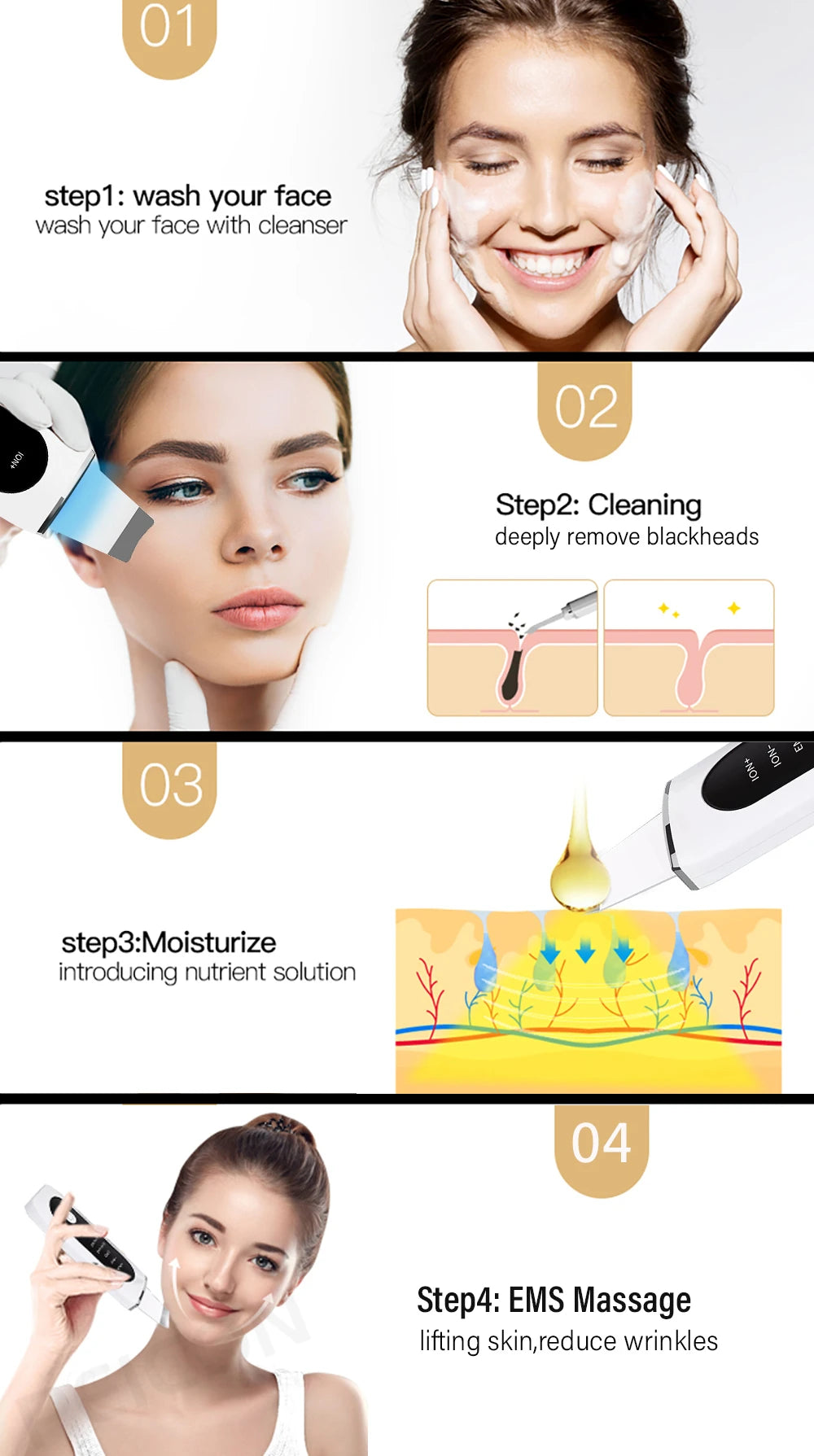 Ultrasonic Skin Scrubber Facial Peeling Machine Face Scrubber Acne Pore Deep Cleaning Facial Cleaning Spatula Blackhead Remover