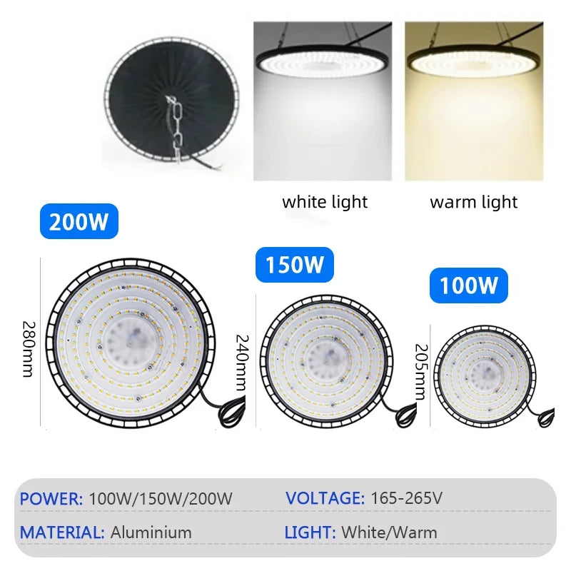 Super Bright LED High Bay Light 100W 150W 200W Aluminum Case Waterproof Lamp Factory Market Warehouse Garage Industrial Lighting