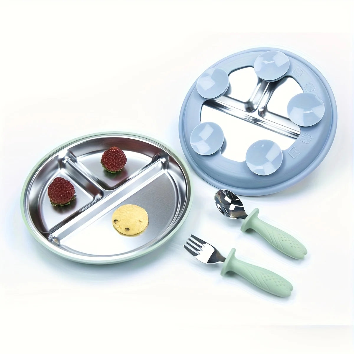 3-pack stainless steel cutlery tray, baby feeding tray, removable suction cup, BPA-free silicone baby training spoon