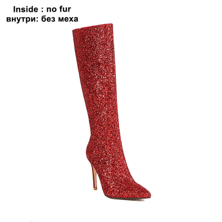 Ochanmeb Sexy Stiletto Heels Silver Red Glitter Boots Women Thin High Heeled Bling Bling Gold Sequined Knee-high Long Boot Party