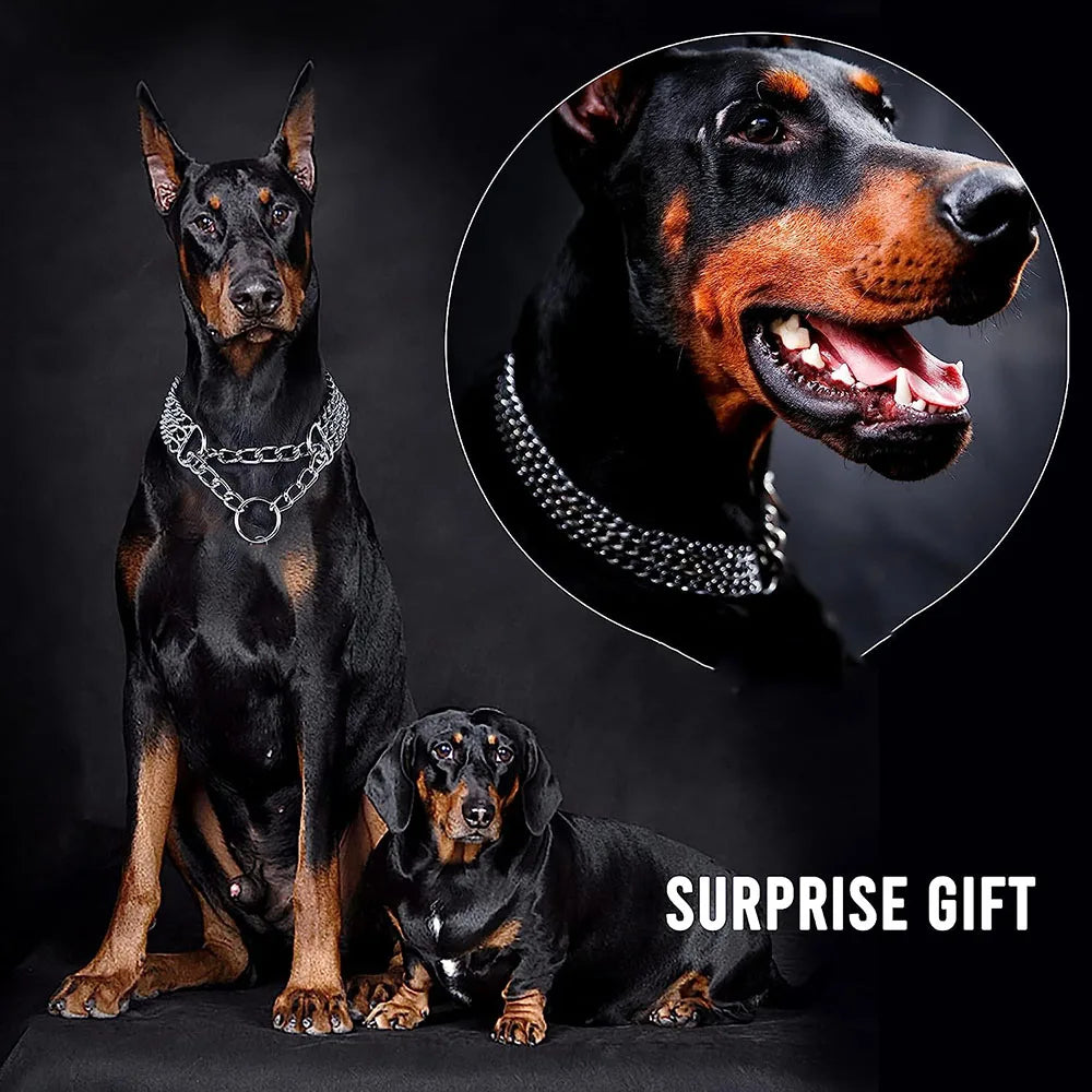 Strong Dog Chain Collar Chew Proof Triple Row Chain Dog Collar Adjustable Walking Collar Metal Cuban Link Dog Collar for Big Dog