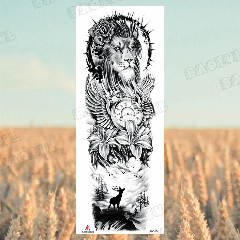BAOFUL Full Arm Sleeve Temporary Tattoos For Women Men Realistic Wolf Lion Warrior Maori Fake Tattoo Stickers Thigh Leg Tatoos