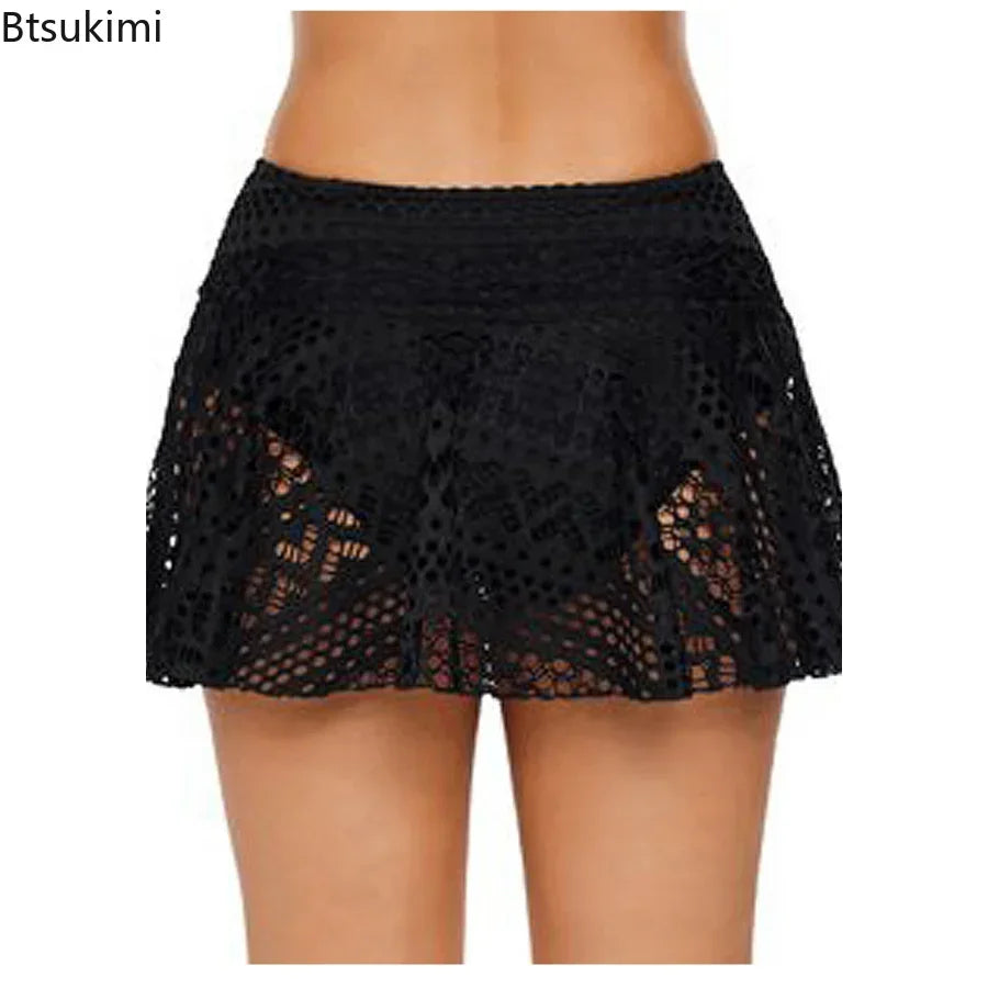 Women's Summer Shorts Skirt Swimwear Fashion Ladies Mini Mesh Lace Crochet Tiered Elastic Waist Famale Sexy Short Swimsuit Pants