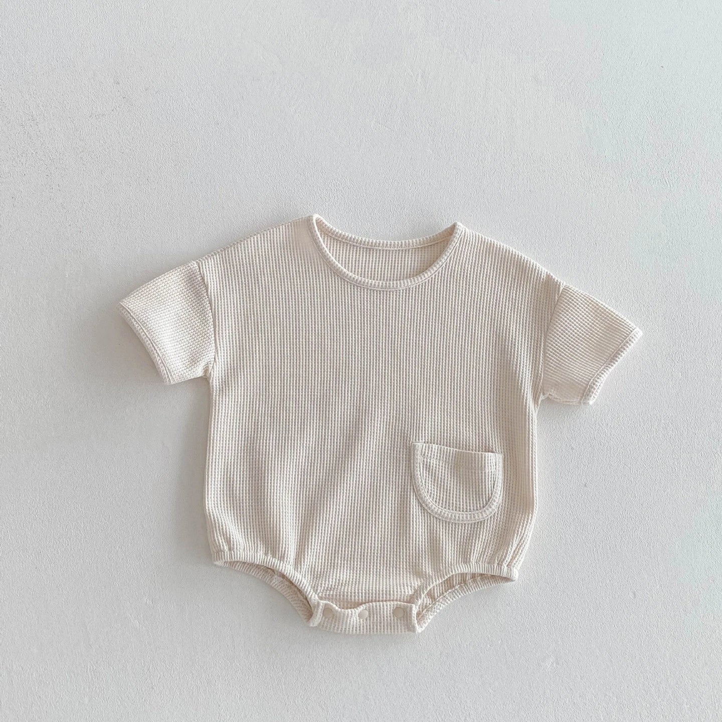 New Korean Style Baby Summer Cotton Simple Comfortable Short - Sleeve Waffle - Knit Onesie with Small Pocket Decoration Romper