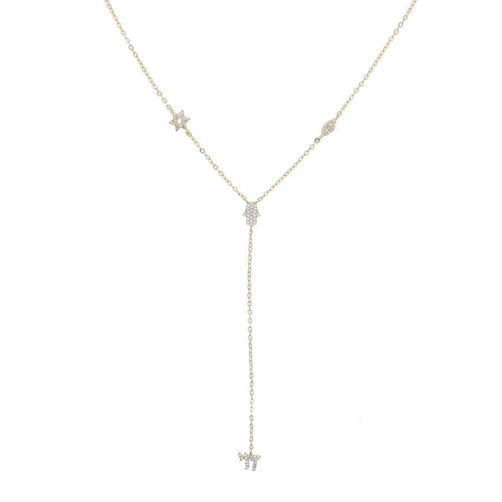 Lucky Cute CZ Star Eye Hand Chai Charm Lariat Y Necklace Amulet Judaism Sign of Life Gold Color Women Jewelry
