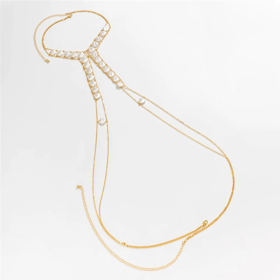 Sexy Boho Imitation Pearl Cross Chest Breast Belly Body Chain Necklace for Women Wed Waist Bikinis Summer Y2K Accessories