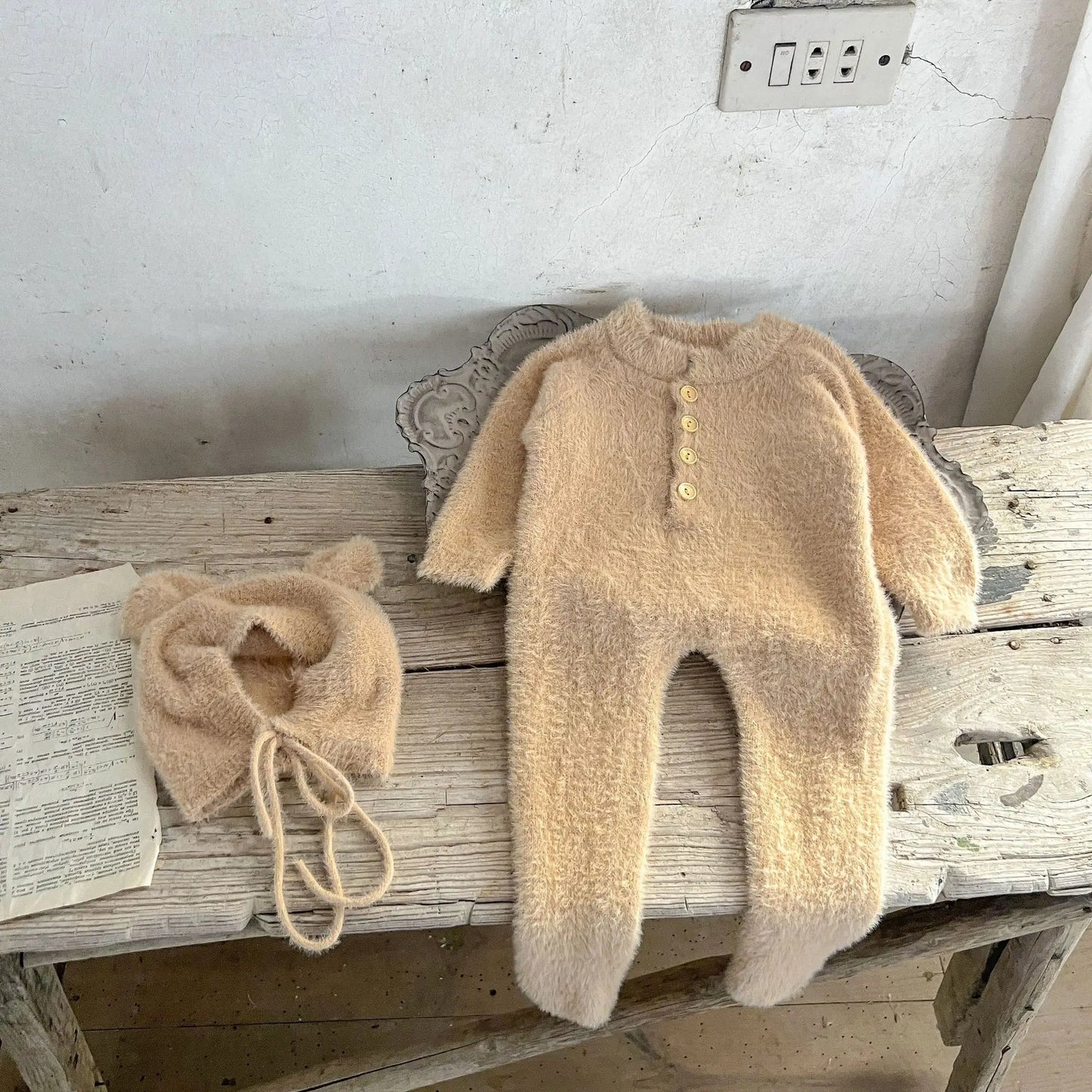Newborn Baby Winter Jumpsuit Mink Cashmere Cute Bear Ear Hooded Onesie with Hat 0 - 3Y Baby Boys Girls Warm Footed Romper