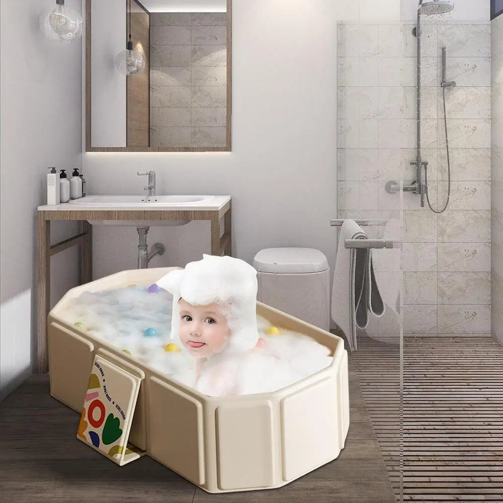 Foldable Bathtub for Kids Toddler Bath Tub with Drain Plug Foldable Baby Shower Tub with 5 Balls and 2 Ducks Green White