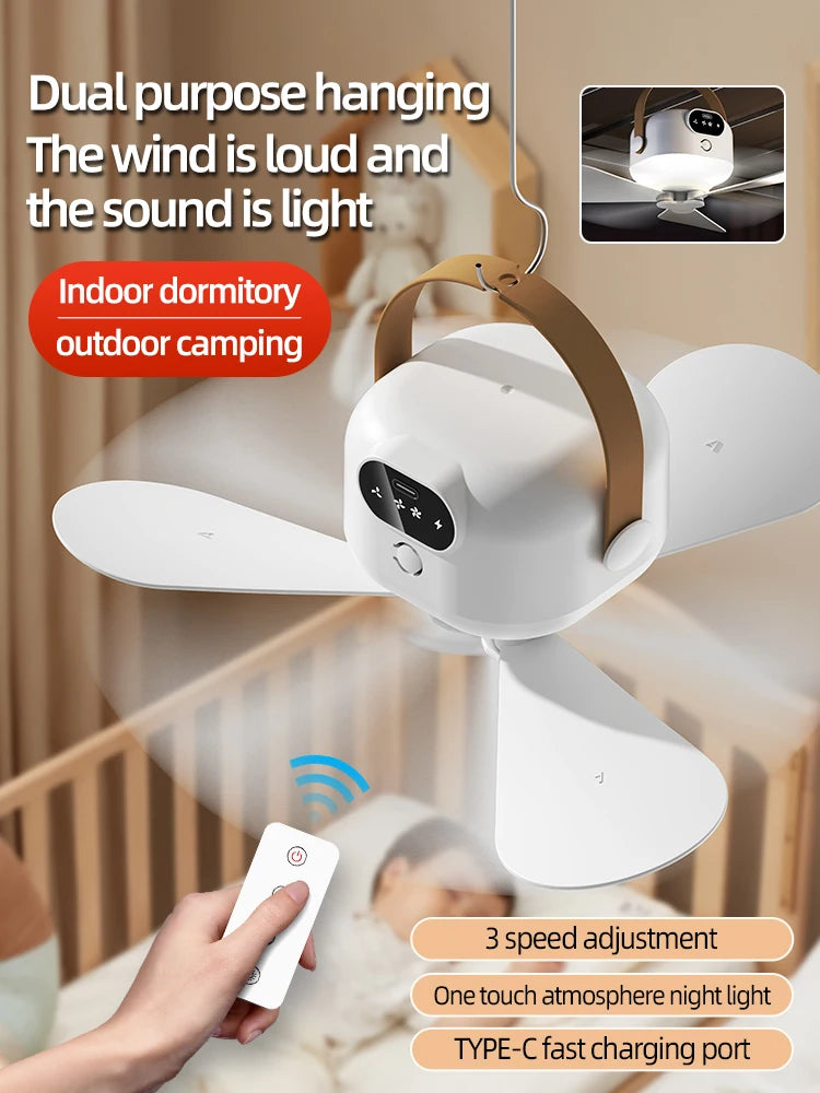 Portable Mini Ceiling Fans Outdoor Camping Fan Tent Ventilator Cooler Rechargeable Electric Fan Remote Control LED Lighting