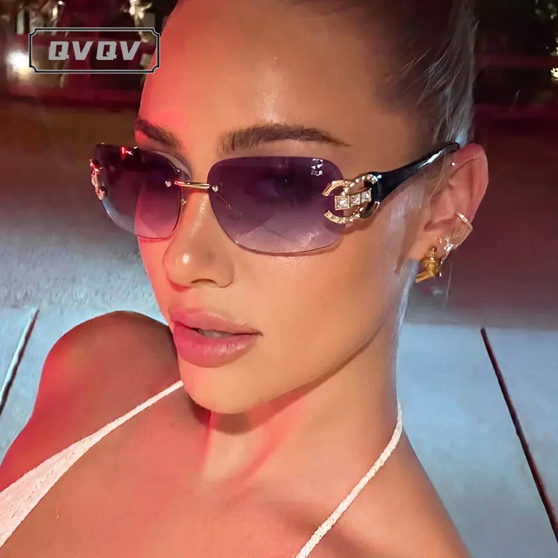 Sexy Popular Ins Rimless Square Sunglasses for Women Luxury Brand Design Diamond Punk Sun Glasses Cute Pink Shades Girls Eyewear