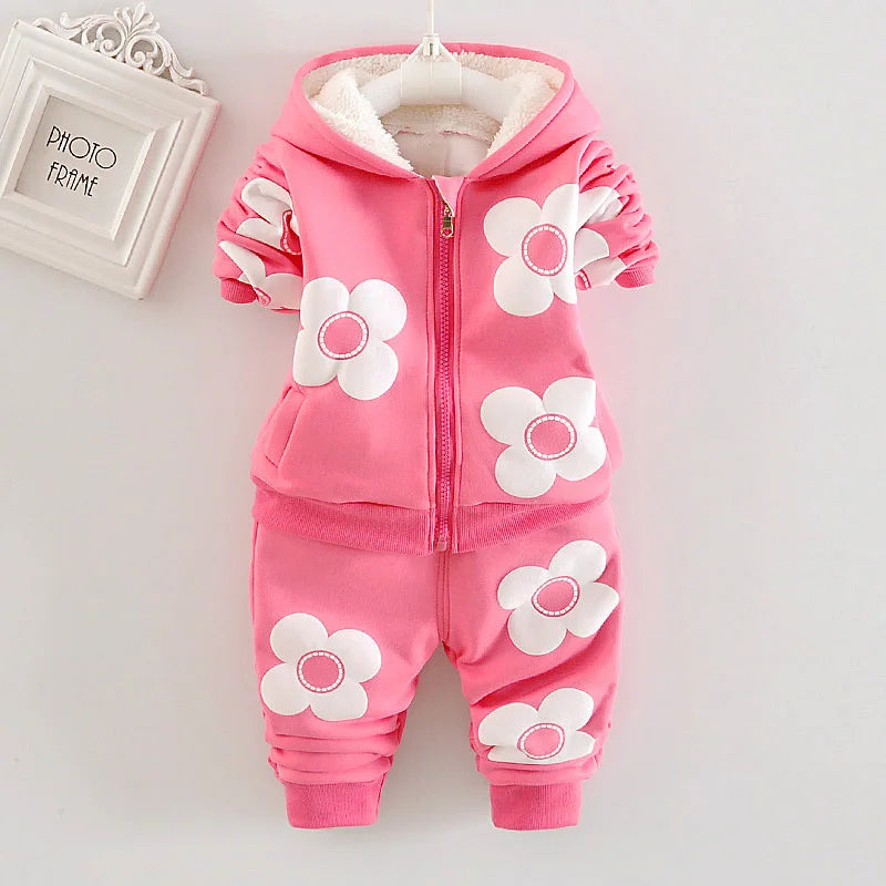 Kids Girls Fleece Lined 3D Daisy Flower Applique Hoodie Pant Suit Children Warm Winter Clothing Set 80-120