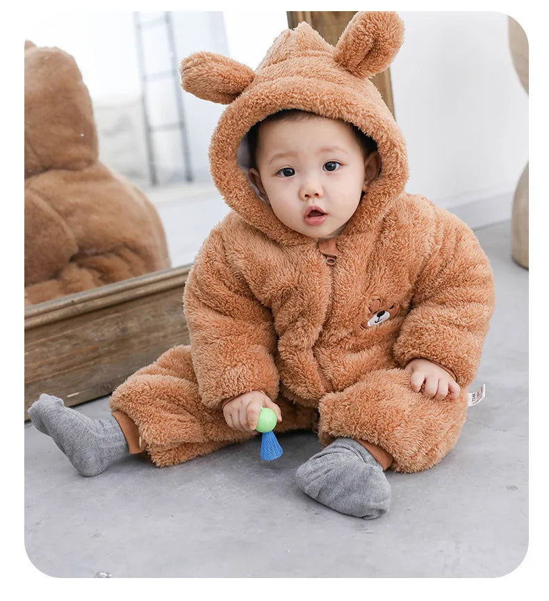 Baby Boy Clothes Cute Plush Bear Baby Rompers Autumn Winter Keep Warm Hooded Infant Girls Overall Jumpsuit Newborn Romper 0-18M