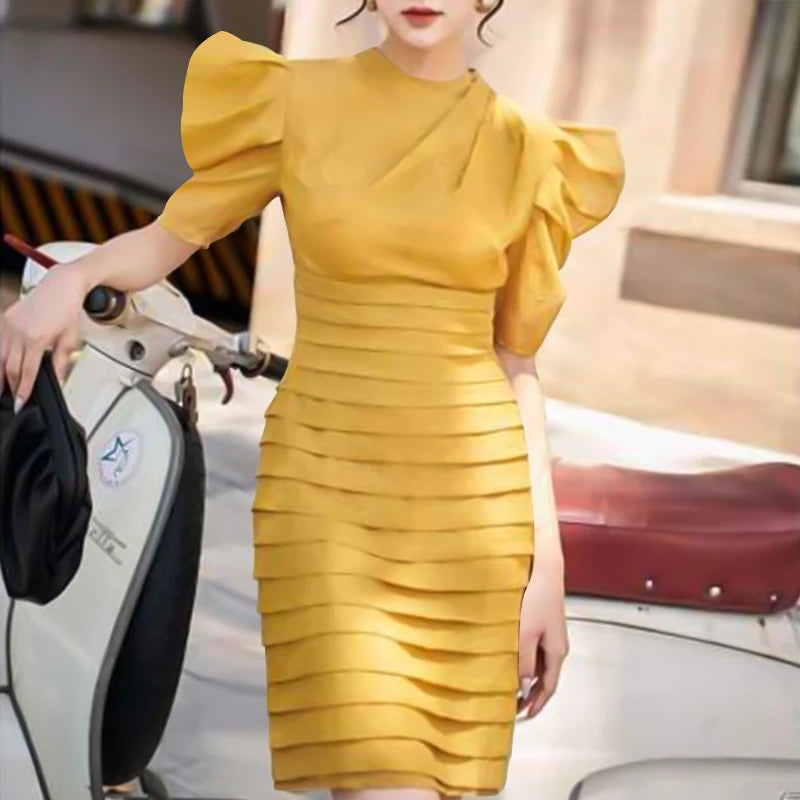 ZANZEA Women Chic Pleated Wrap Dress 2024 Summer Elegant Puff Short Sleeve Party Dress Vintage Cocktail Dress Sexy Slim Vestidos