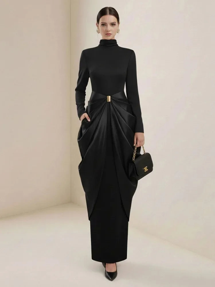 Missuoo 2025 Autumn New Women's Evening Dress Black High Neck Long Sleeves Split-joint Pleated Maxi Dress High Waist Party Gown