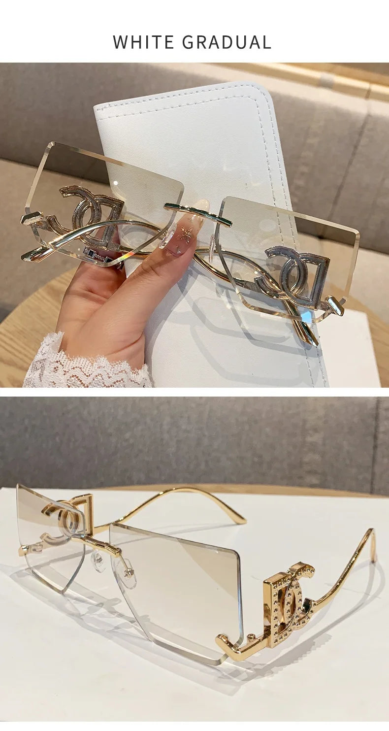 Luxury Rimless Brand Fashion Sunglasses For Women And Men Stylish Square Metal Sun Glasses Glamour Designer Shades UV400
