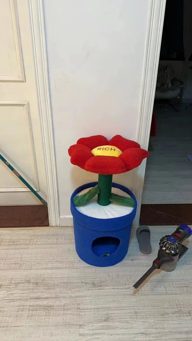 Red Flower Potted Cat Tree with Integrated Cat Bed Below Medium-Sized Cat Tree (Suitable for Cats Under 15 lbs)