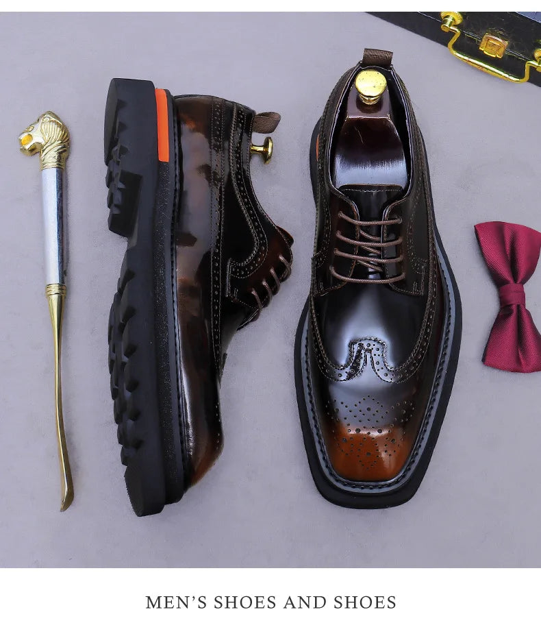 Men's Brogue Platform Oxford Shoes Genuine Leather Thick Sole Formal Dress Shoes for Men Business Casual Lace Up Luxury Oxfords