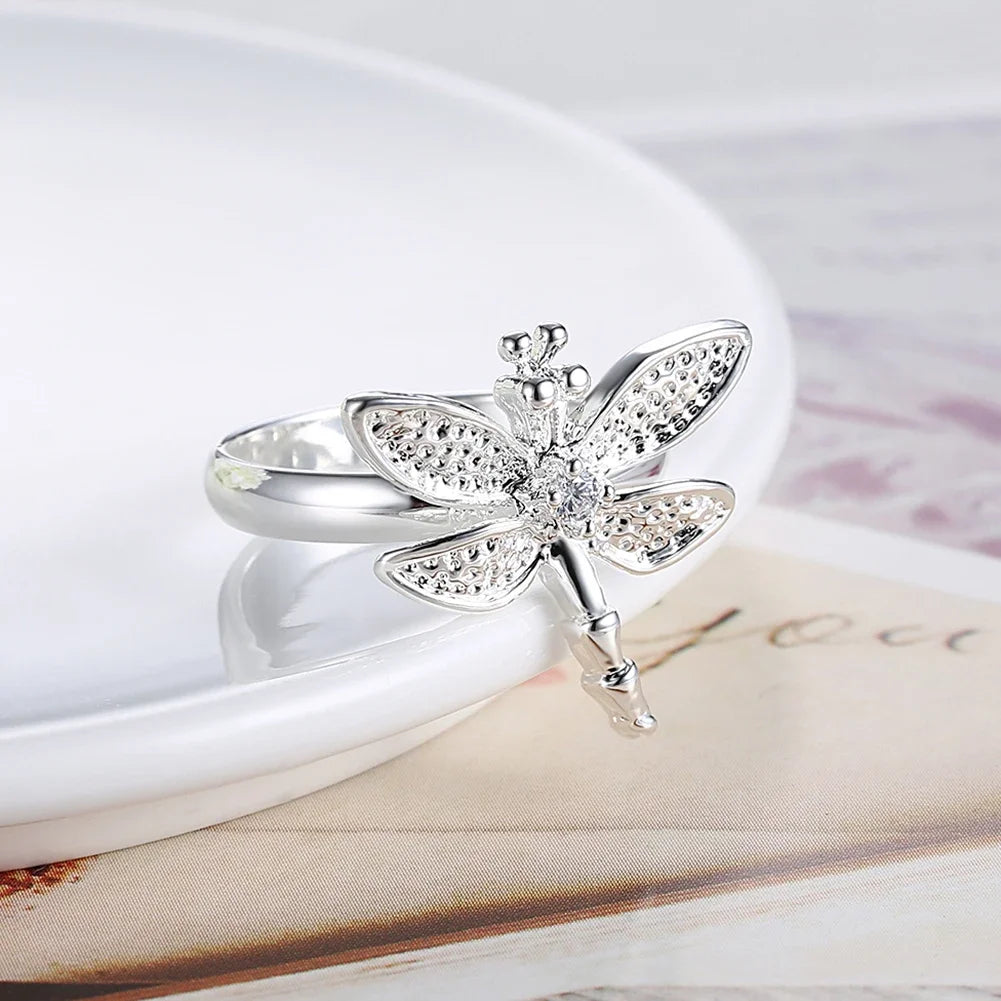 Charm fine 925 Sterling Silver noble Zircon Pretty Dragonfly Rings For Women Fashion Wedding Party Jewelry Christmas gifts