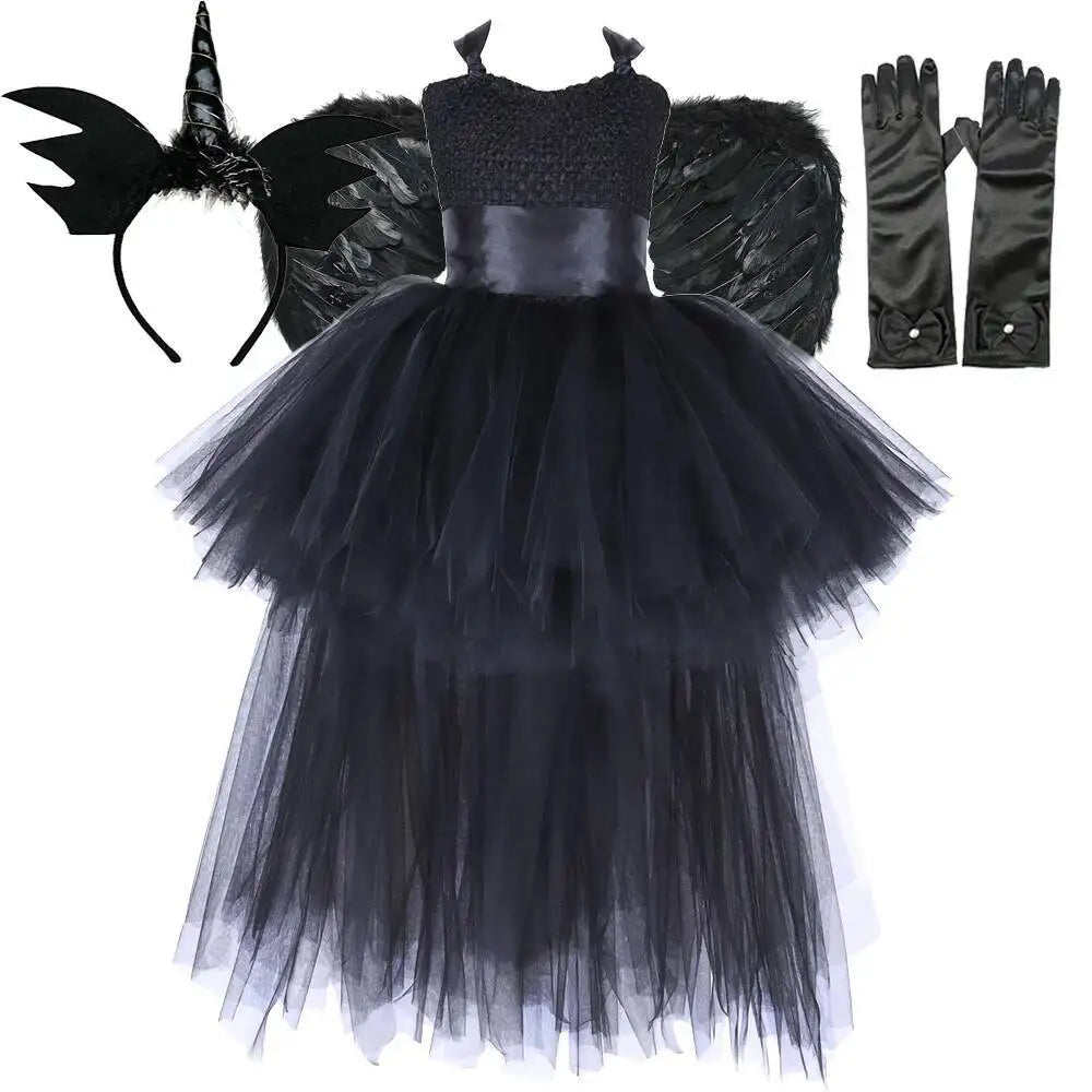 Dark Witch Halloween Costumes for Girls Black Devil Angel Fancy Trailing Dress with Feather Wings Bat Horns Kids High Low Outfit