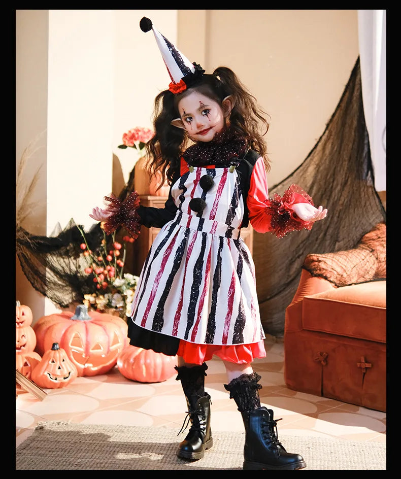 Halloween Cosplay Costumes Horror Clown Dresses Pants Headwear Clothes Sets Carnival Theme Party Role Playing Outfits for Girls