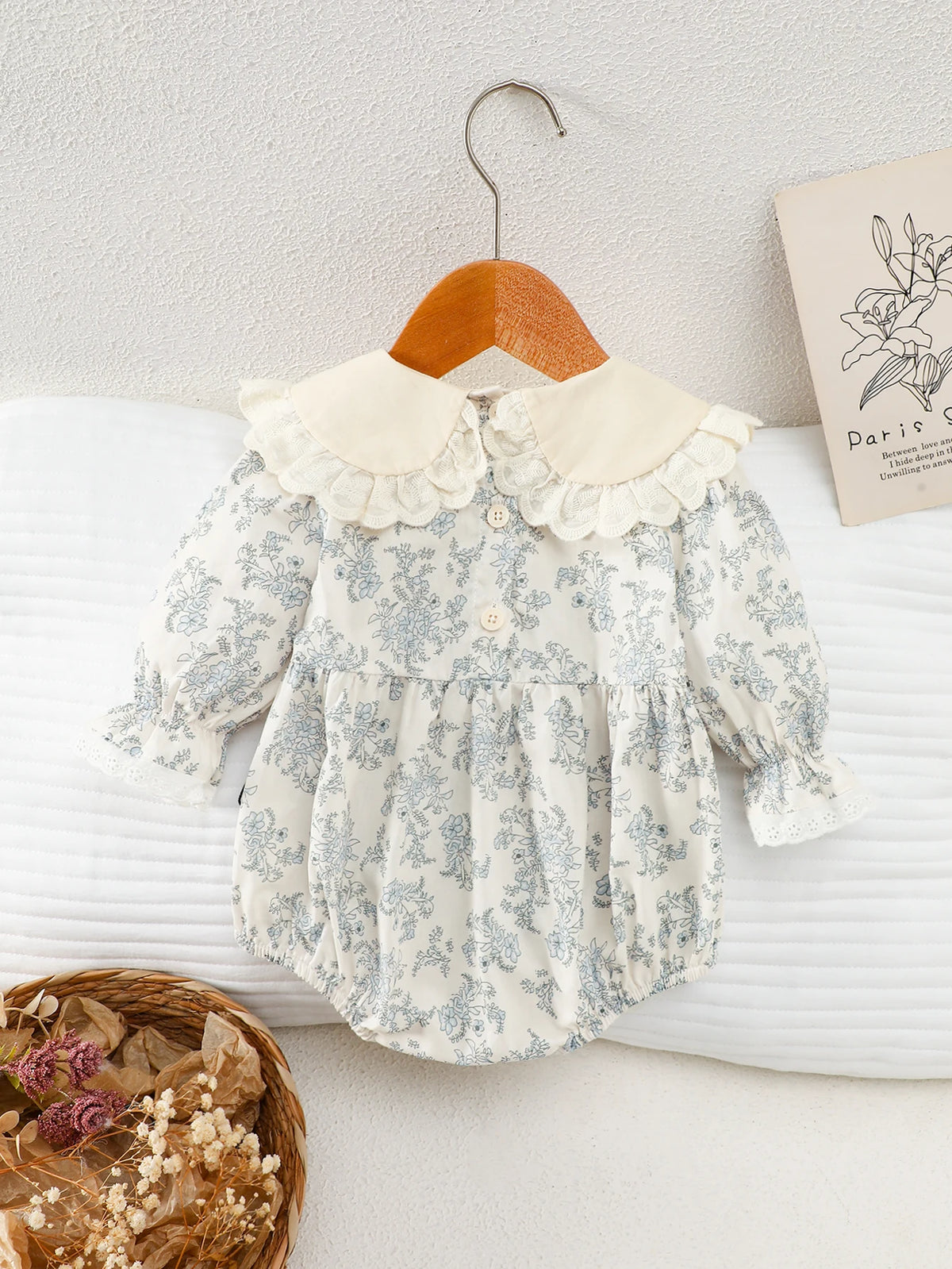 Baby Blue Floral Long-Sleeve Romper, Spring and Autumn Lace Collar Baby Jumpsuit, Fresh Forest Style Newborn Onesie