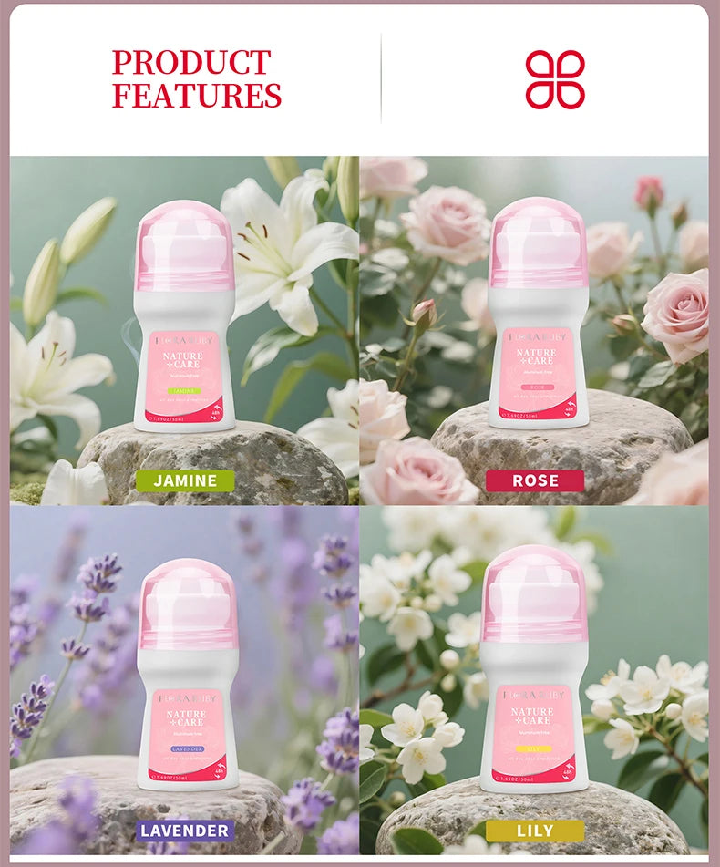 Flora Ruby Cherry Blossom Collection Lavender/Rose/Jasmine/Lily Roll On Deodorant Aluminium free for Women 1.69 fl oz/50 ml