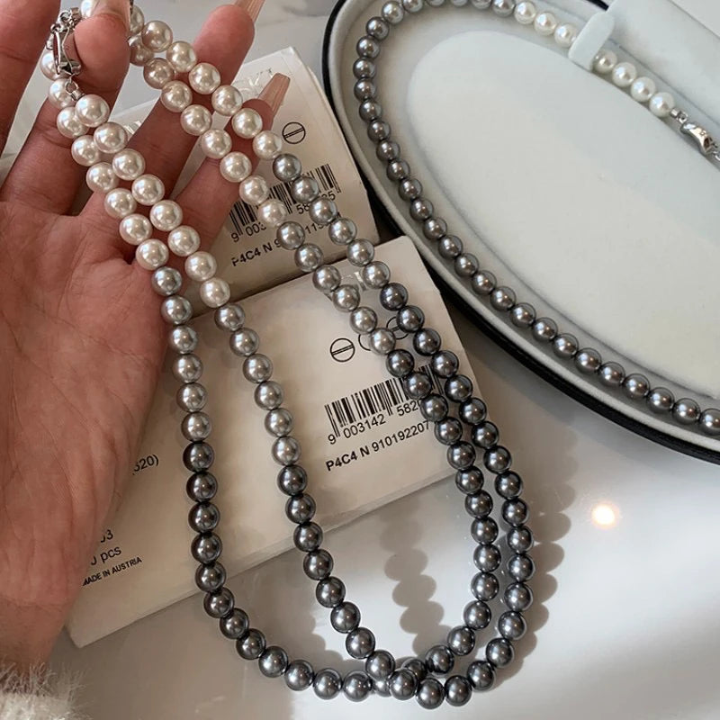 French Socialite White Gradient Gray Pearl Bead Necklace 2024 Fashion Jewelry Sets For Women's Sexy Collarbone Chain Accessories