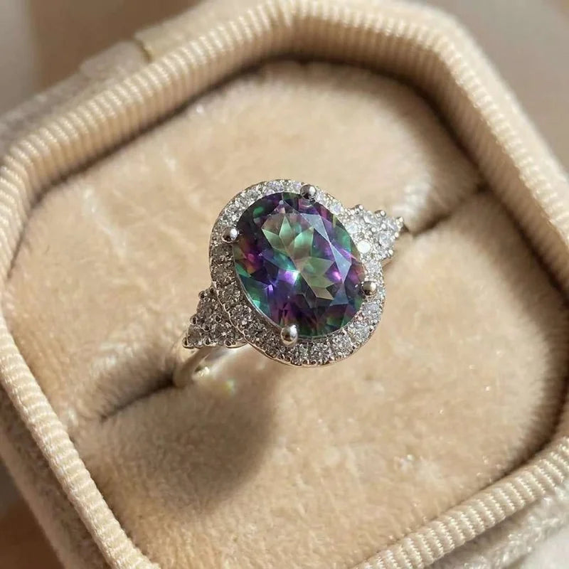 925 Sterling Silver Elliptical Colorful Zircon Elegant Sense Exquisite Vacation Style Ring Trendy  Bridal Wedding Accessories