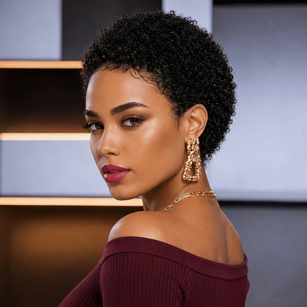 Short Kinky Curly Wigs Pixie Cut Wigs Human Hair for Women Bazilian Hair Machine Made Cap Natural Black/Brown/Burgundy Color Wig