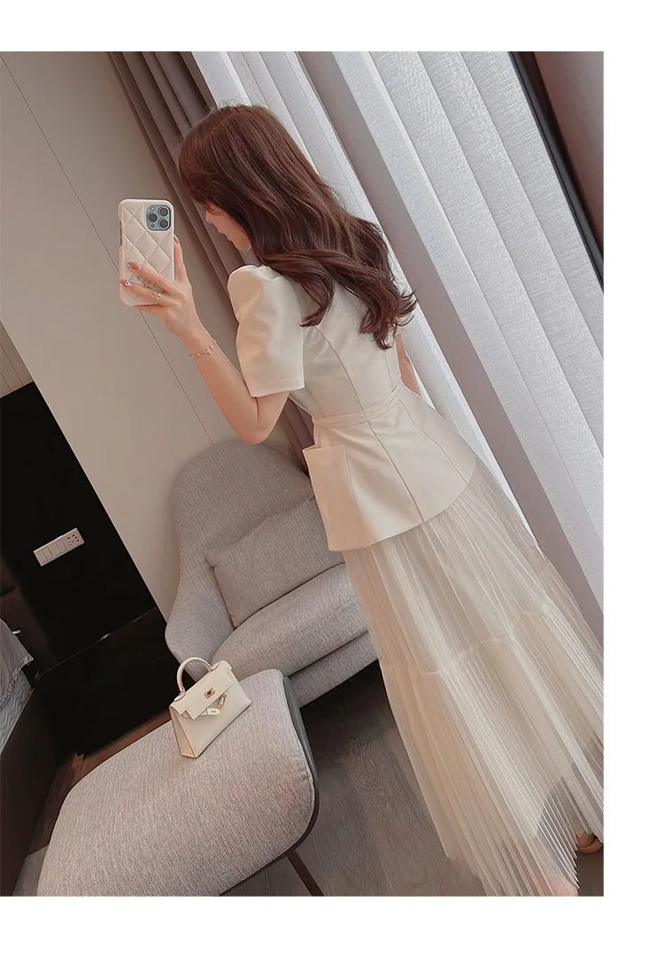 H Han Queen Elegant 2 Piece Office Dress Women Summer Simple Basic A-Line Dresses Short Sleeve Slim Long Casual Party Vestidos