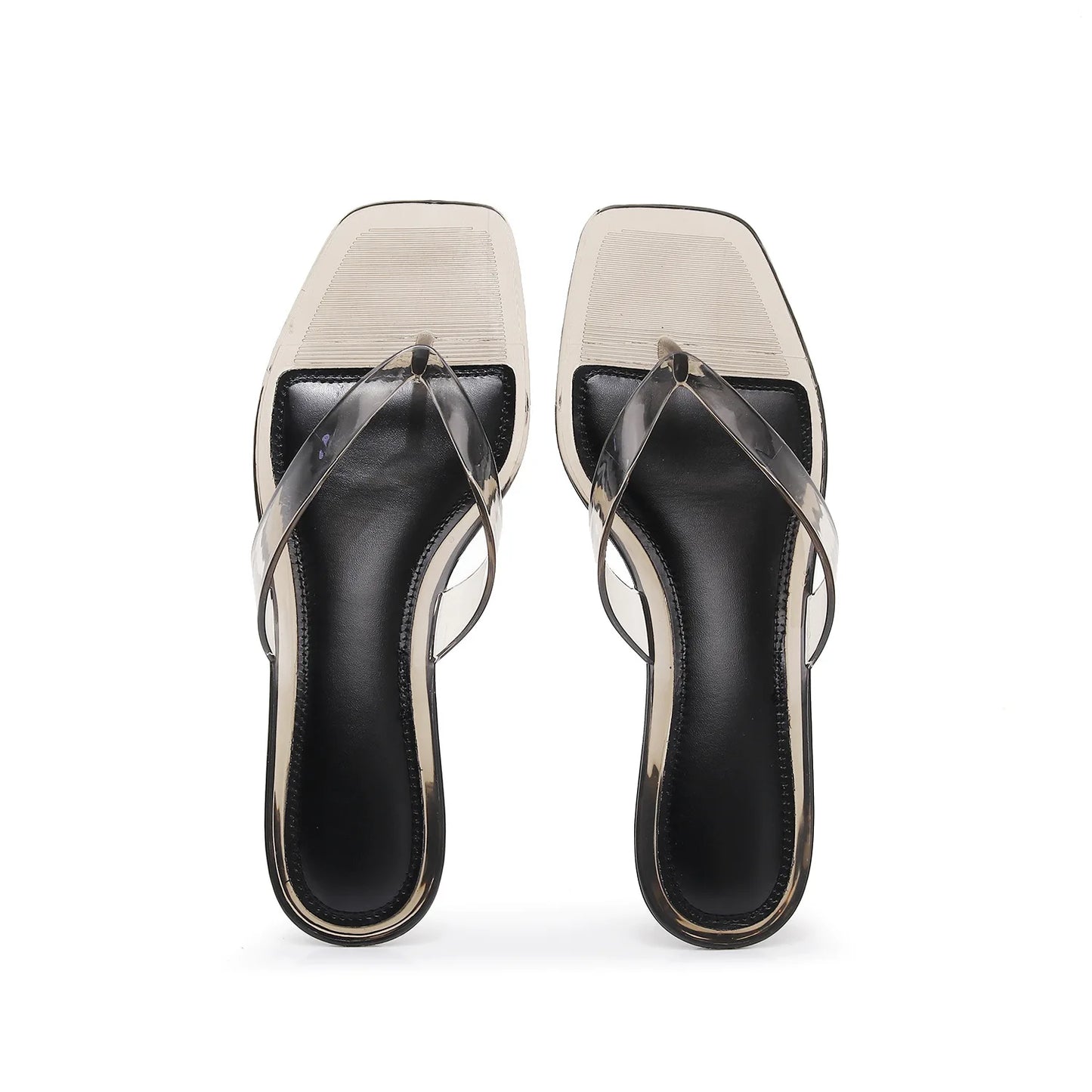Vacation Elegant Kitten Heel Thong Sandals, Square Toe Clear Brown Jelly Flip Flops, Women Summer Comfortable Beach Party Shoes