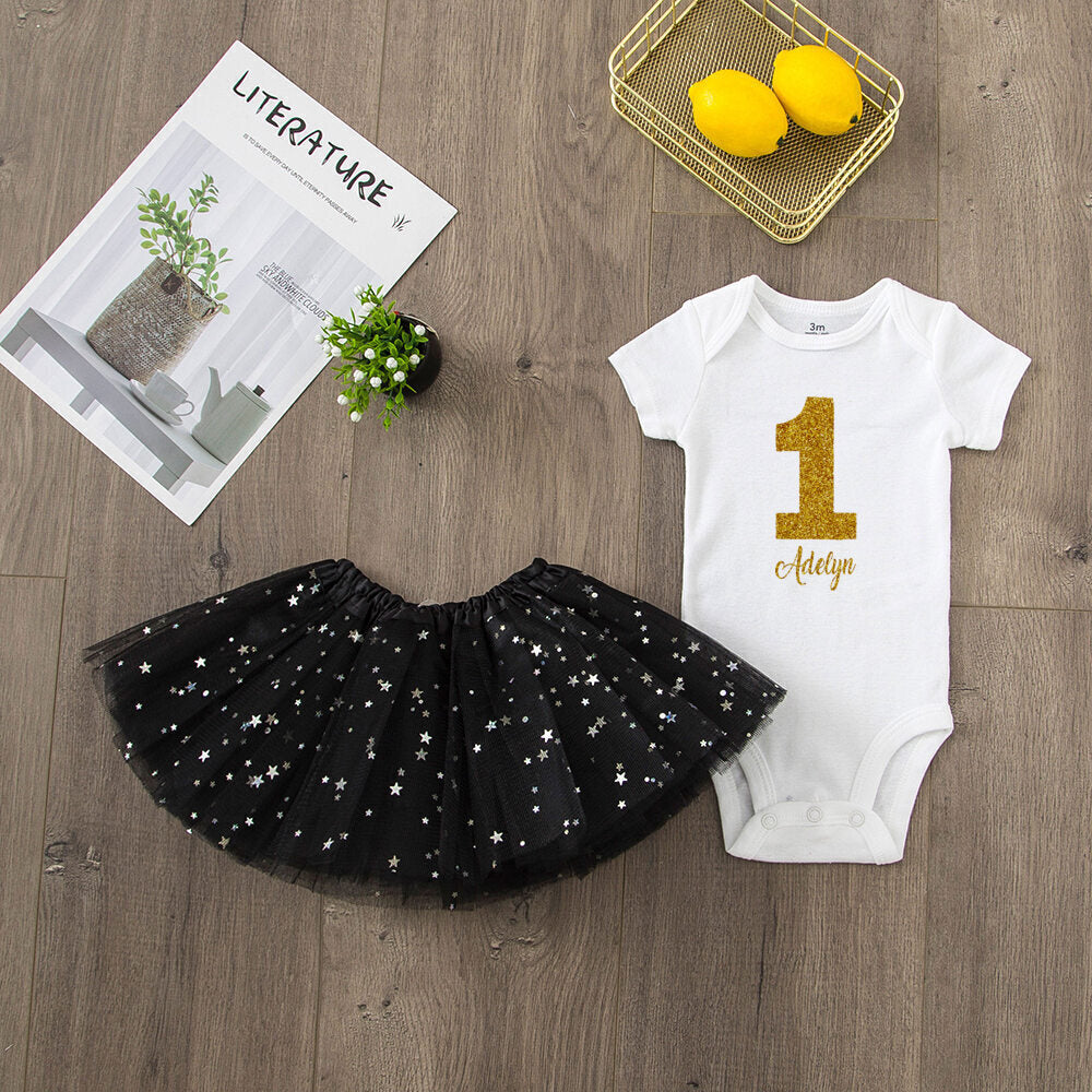 Personalized Birthday Baby Girl Dresses Custom Name Sequin Tutu Skirts Girl Clothes Infant Birthday Gift Baby Short Sleeve Dress