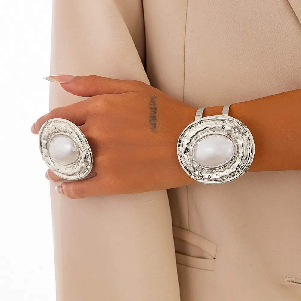 2pcs/set Exaggerated Bracelets Rings Set Irregular Geometric Jewelry Sets Gold Silver Color Elliptical Wide Bracelets