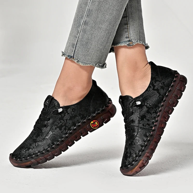 Print Fashion Sneakers Women Hand-stitching Leather Casual Shoes Design Platform Loafers Breathable Flats Shoe Driving Plus Size