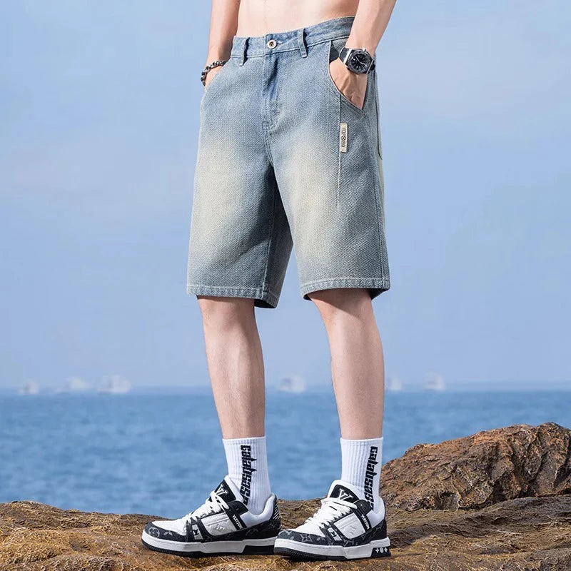 Men Trend Starry Sky Pattern Jeans Male Summer American Vintage Lightweight Breathable Denim shorts Loose Straight Casual Shorts