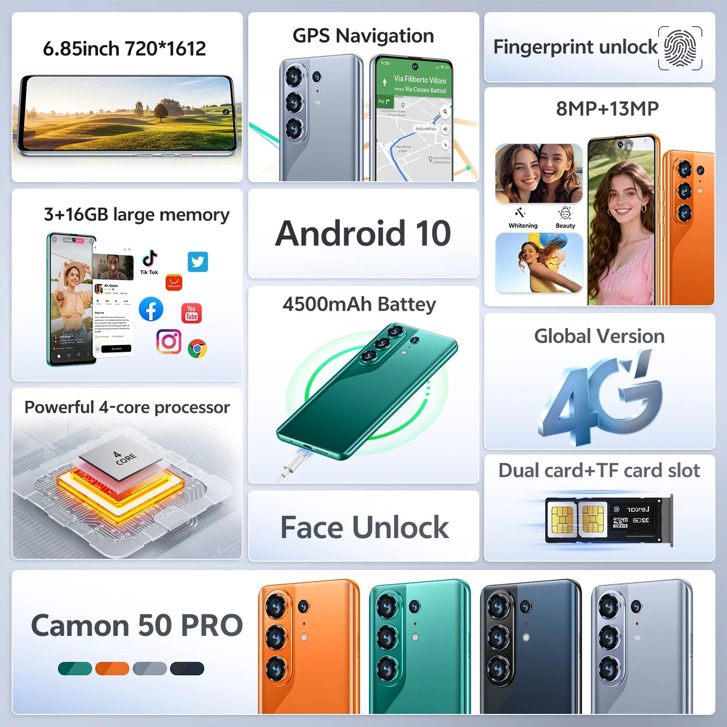IVMI Global Camon50 Pro Smartphone Android10.0 3GB+16GB 6.85'' Dual SIM GPS Face Unlock 4G Network Curved Screen Mobile Phones