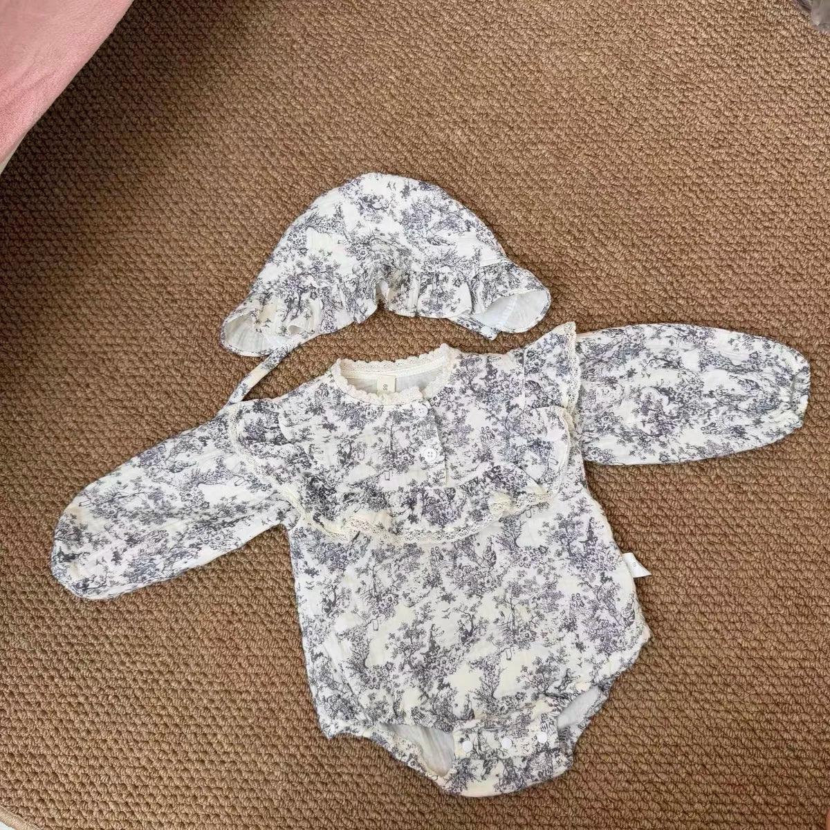 Newborn Romper Chinese Style Ink Painting Newborn Baby Girl Bodysuits +Hat Cotton Girls Jumpsuits Infants Onesie Outfits Clothes