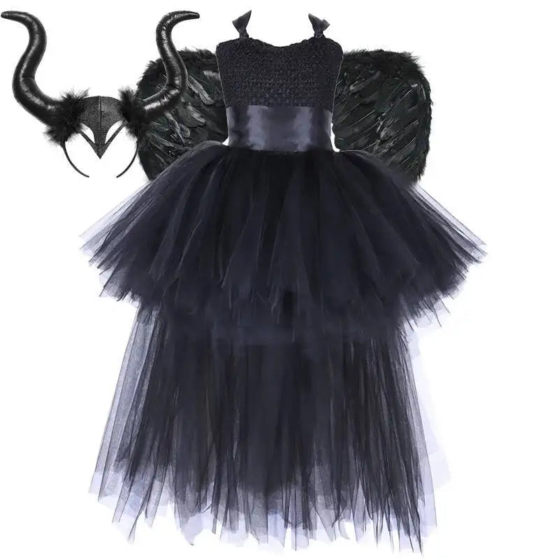 Dark Witch Halloween Costumes for Girls Black Devil Angel Fancy Trailing Dress with Feather Wings Bat Horns Kids High Low Outfit