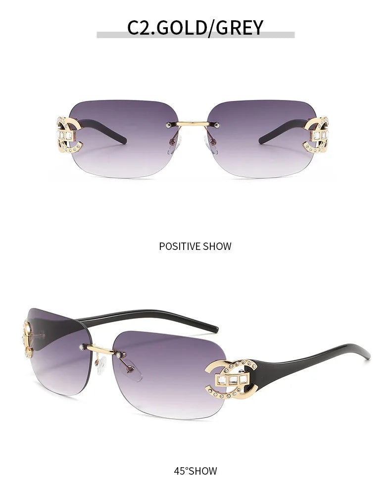 Sexy Popular Ins Rimless Square Sunglasses for Women Luxury Brand Design Diamond Punk Sun Glasses Cute Pink Shades Girls Eyewear